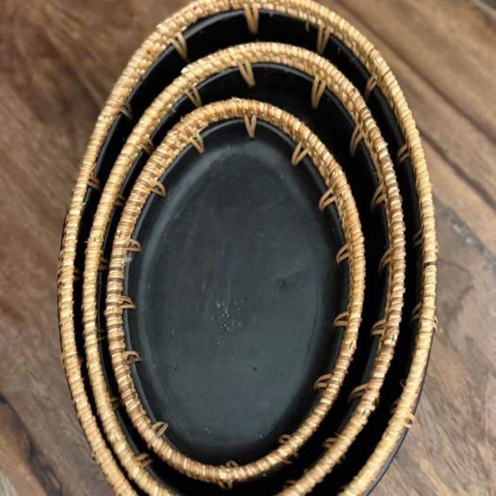 Indonesian~Set of 3 Black Wood and Rattan Oval Trays